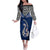 Custom Aotearoa New Zealand Off The Shoulder Long Sleeve Dress Silver Fern and Matau with Maori Tribal Blue Style LT03 Women Blue - Polynesian Pride