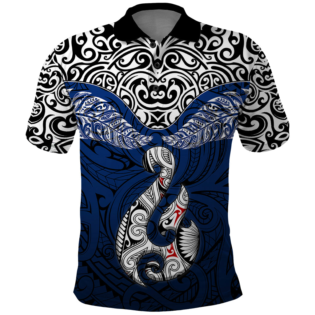 Custom Aotearoa New Zealand Polo Shirt Silver Fern and Matau with Maori Tribal Blue Style LT03 Blue - Polynesian Pride