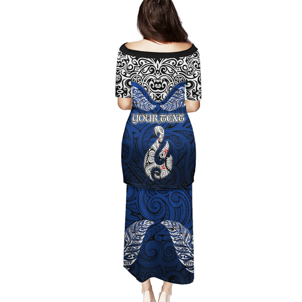 Custom Aotearoa New Zealand Puletasi Silver Fern and Matau with Maori Tribal Blue Style LT03 - Polynesian Pride