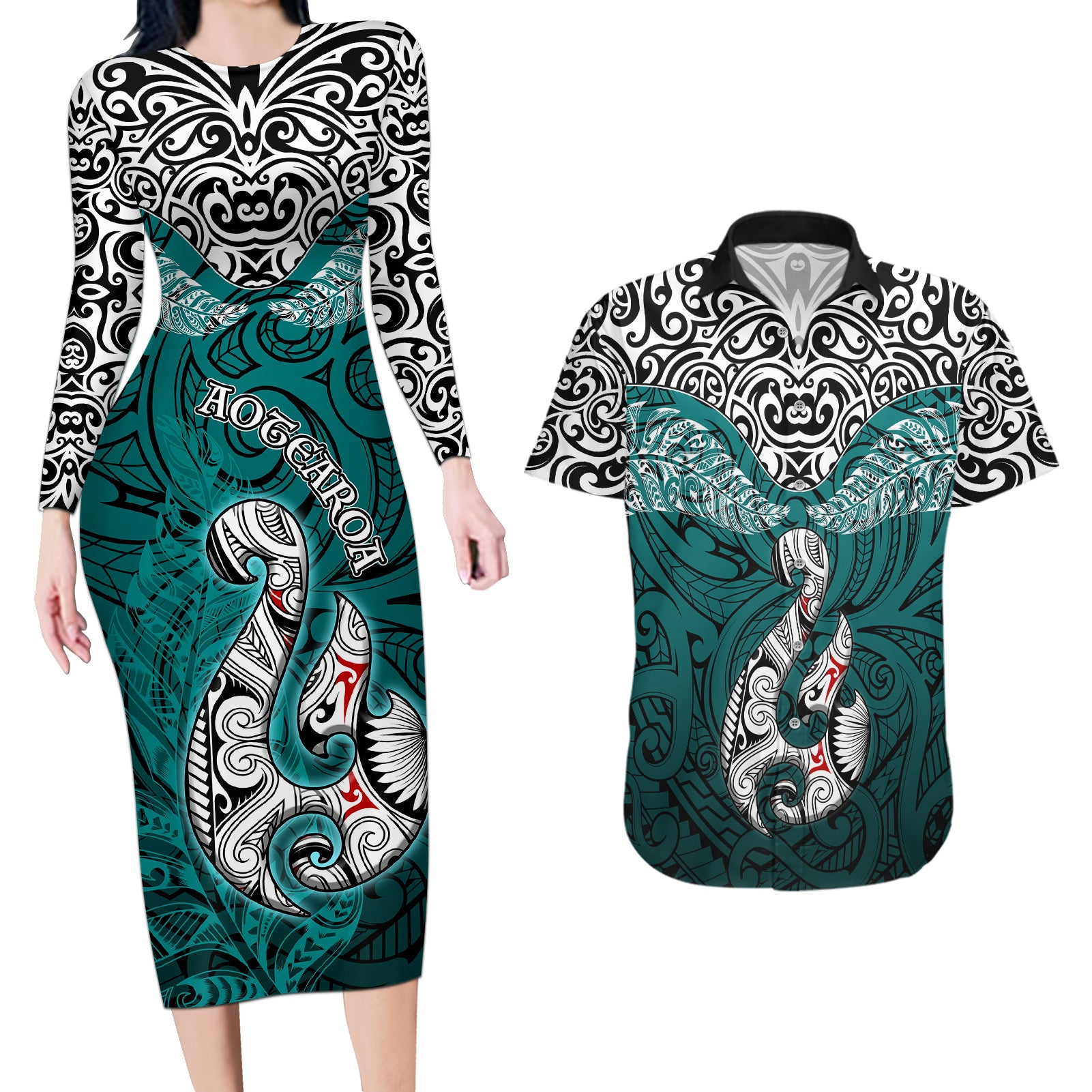 Aotearoa New Zealand Couples Matching Long Sleeve Bodycon Dress and Hawaiian Shirt Silver Fern and Matau with Maori Tribal Turquoise Style LT03 Turquoise - Polynesian Pride