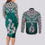 Aotearoa New Zealand Couples Matching Long Sleeve Bodycon Dress and Long Sleeve Button Shirts Silver Fern and Matau with Maori Tribal Turquoise Style LT03 - Polynesian Pride