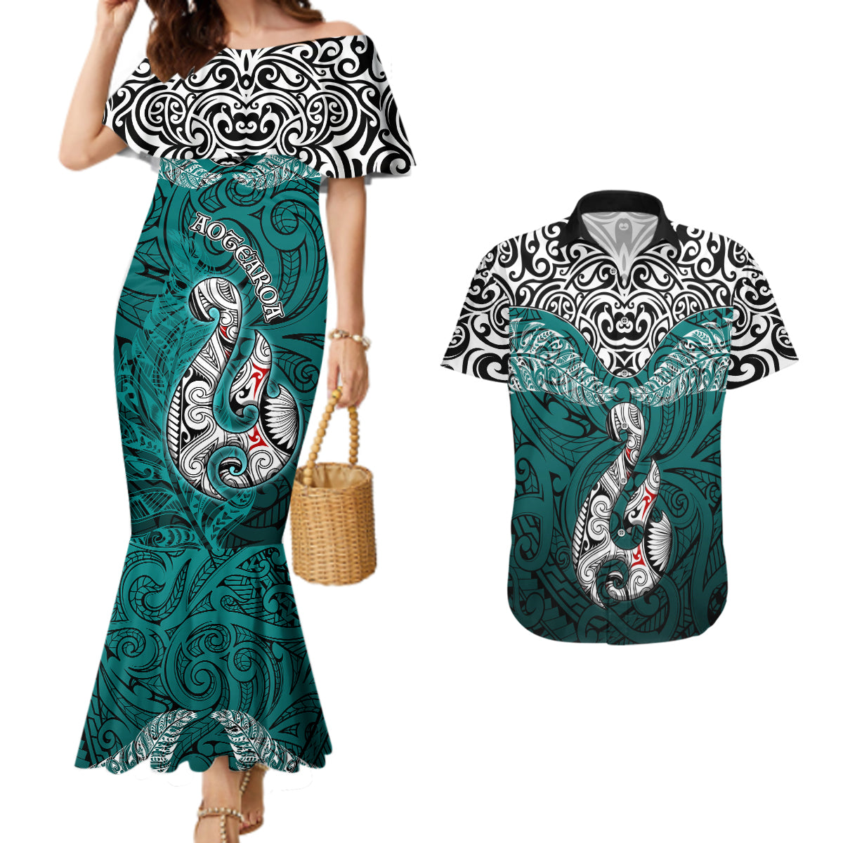 Aotearoa New Zealand Couples Matching Mermaid Dress and Hawaiian Shirt Silver Fern and Matau with Maori Tribal Turquoise Style LT03 Turquoise - Polynesian Pride