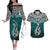 Aotearoa New Zealand Couples Matching Off The Shoulder Long Sleeve Dress and Hawaiian Shirt Silver Fern and Matau with Maori Tribal Turquoise Style LT03 Turquoise - Polynesian Pride