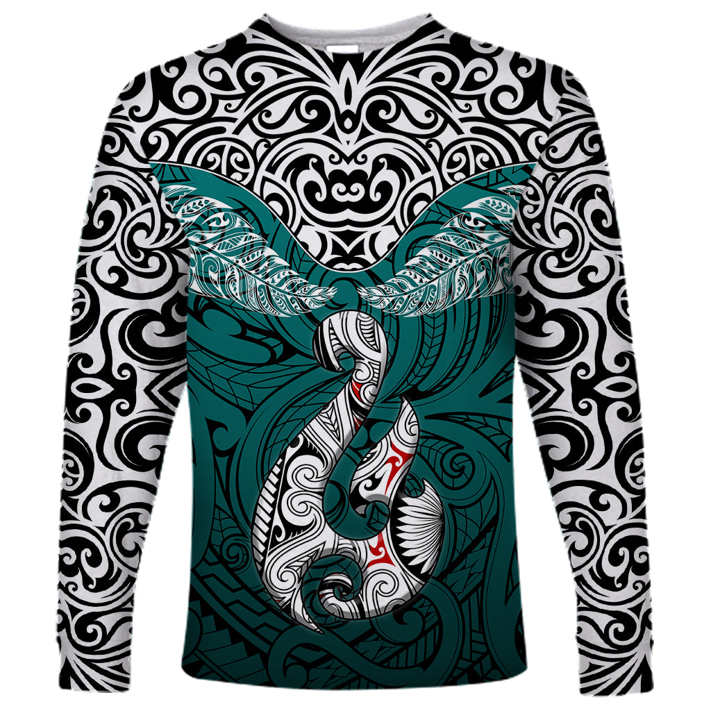 Aotearoa New Zealand Long Sleeve Shirt Silver Fern and Matau with Maori Tribal Turquoise Style LT03 Unisex Turquoise - Polynesian Pride