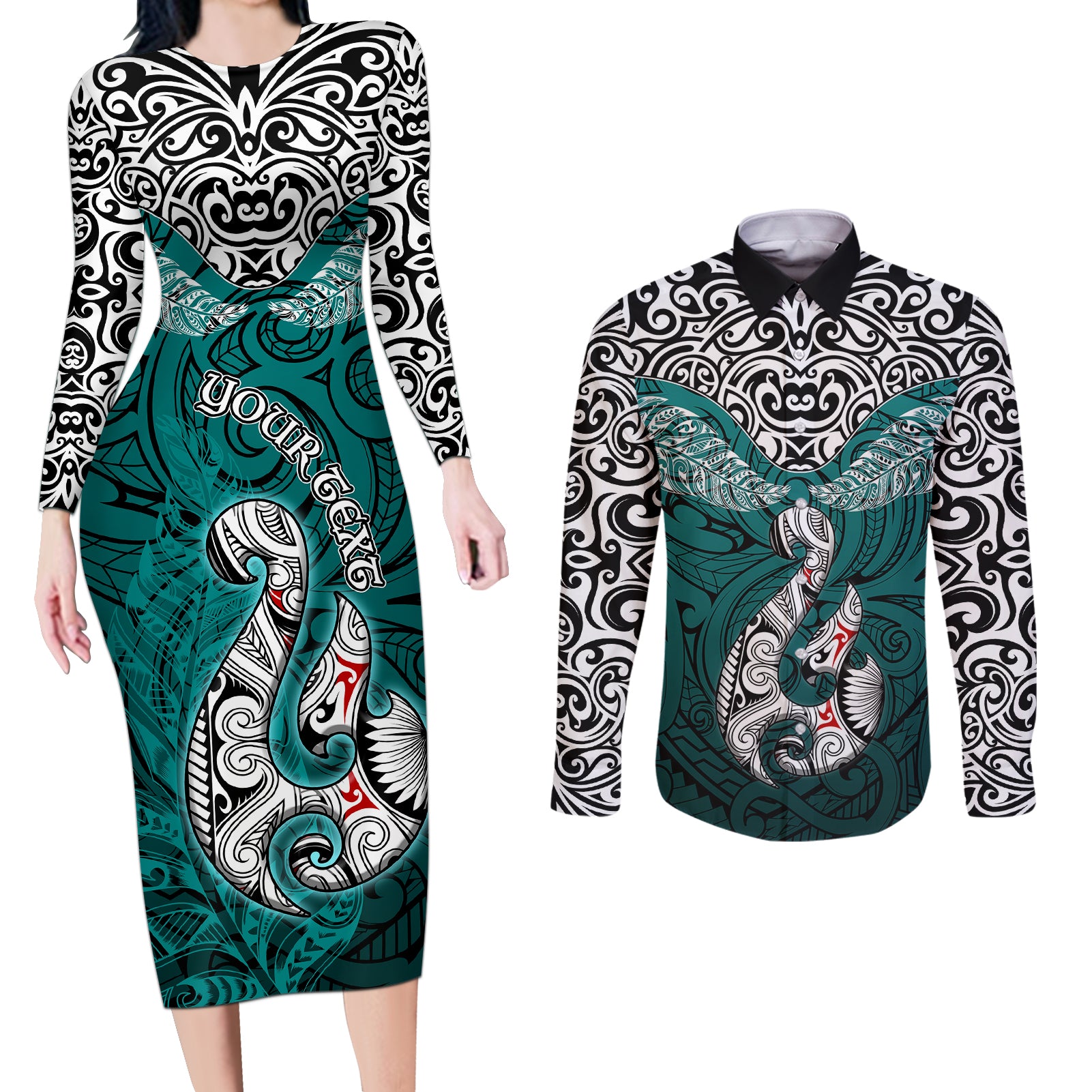 Custom Aotearoa New Zealand Couples Matching Long Sleeve Bodycon Dress and Long Sleeve Button Shirts Silver Fern and Matau with Maori Tribal Turquoise Style LT03 Turquoise - Polynesian Pride