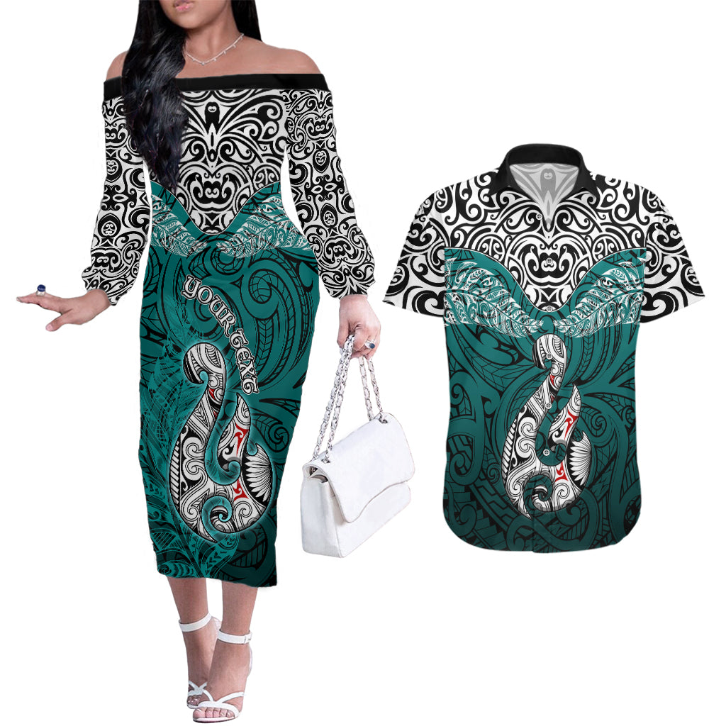 Custom Aotearoa New Zealand Couples Matching Off The Shoulder Long Sleeve Dress and Hawaiian Shirt Silver Fern and Matau with Maori Tribal Turquoise Style LT03 Turquoise - Polynesian Pride