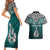 Custom Aotearoa New Zealand Couples Matching Short Sleeve Bodycon Dress and Hawaiian Shirt Silver Fern and Matau with Maori Tribal Turquoise Style LT03 - Polynesian Pride