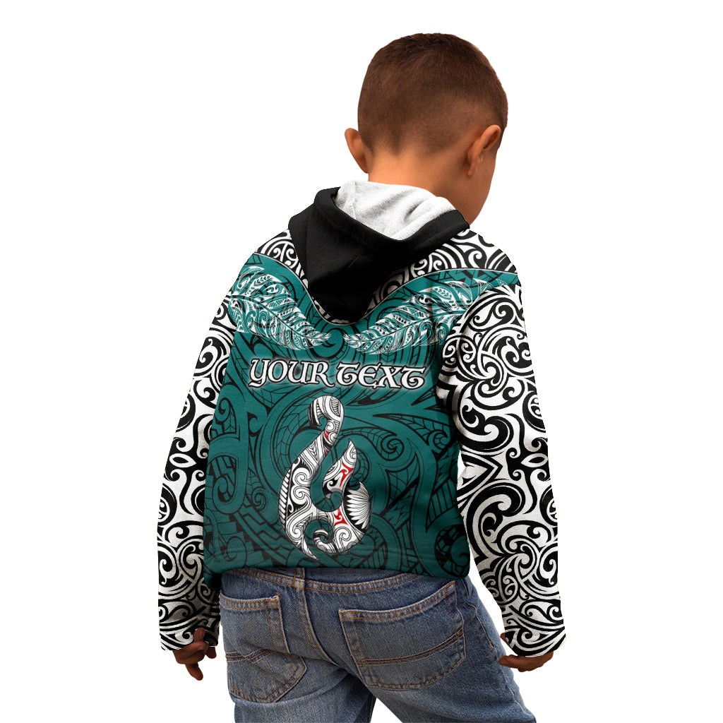 Custom Aotearoa New Zealand Kid Hoodie Silver Fern and Matau with Maori Tribal Turquoise Style LT03 - Polynesian Pride