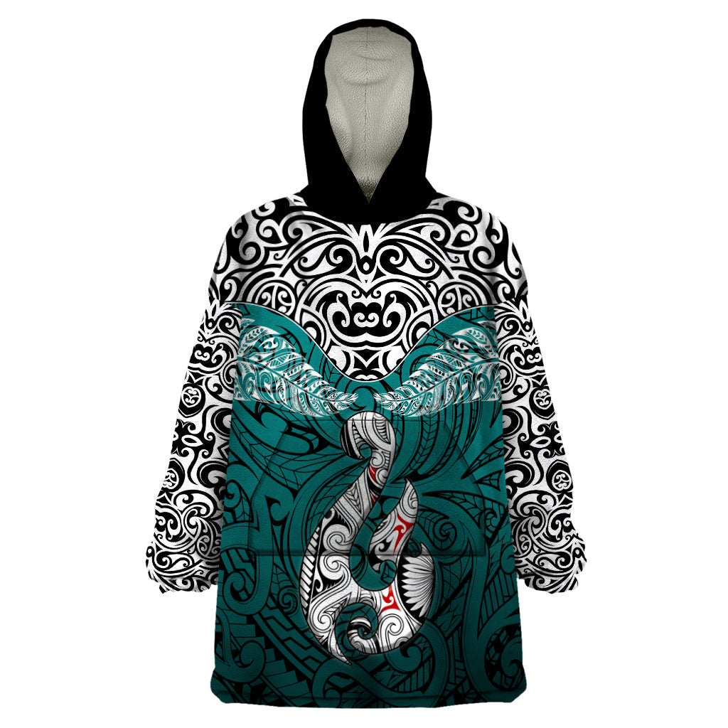 Custom Aotearoa New Zealand Wearable Blanket Hoodie Silver Fern and Matau with Maori Tribal Turquoise Style LT03 One Size Turquoise - Polynesian Pride