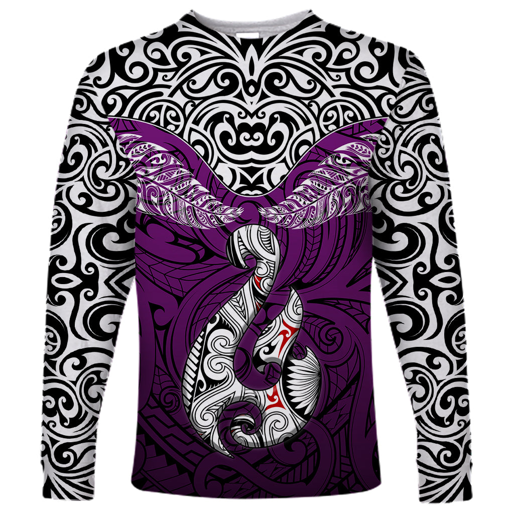 Aotearoa New Zealand Long Sleeve Shirt Silver Fern and Matau with Maori Tribal Pink Style LT03 Unisex Pink - Polynesian Pride