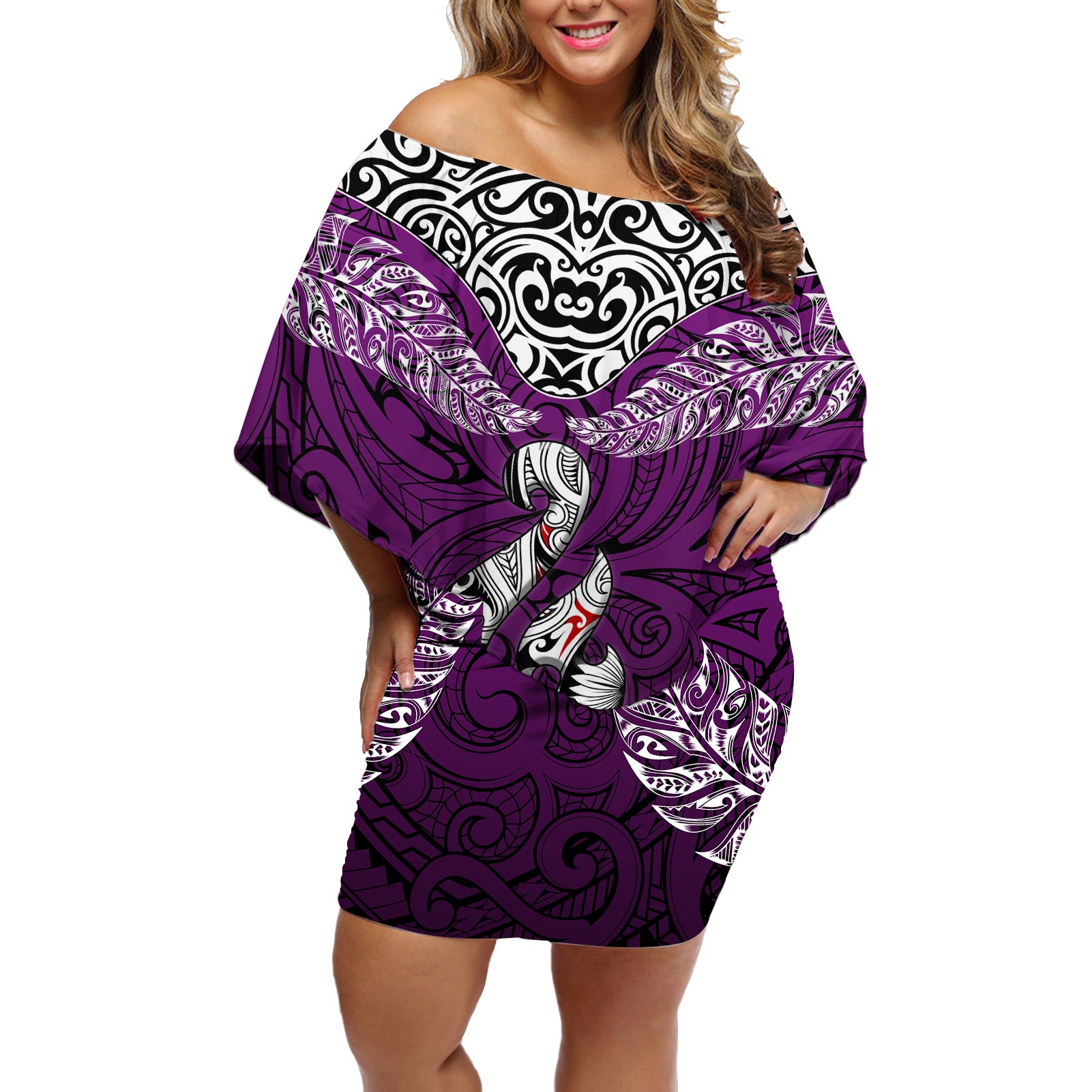 Aotearoa New Zealand Off Shoulder Short Dress Silver Fern and Matau with Maori Tribal Pink Style LT03 Women Pink - Polynesian Pride