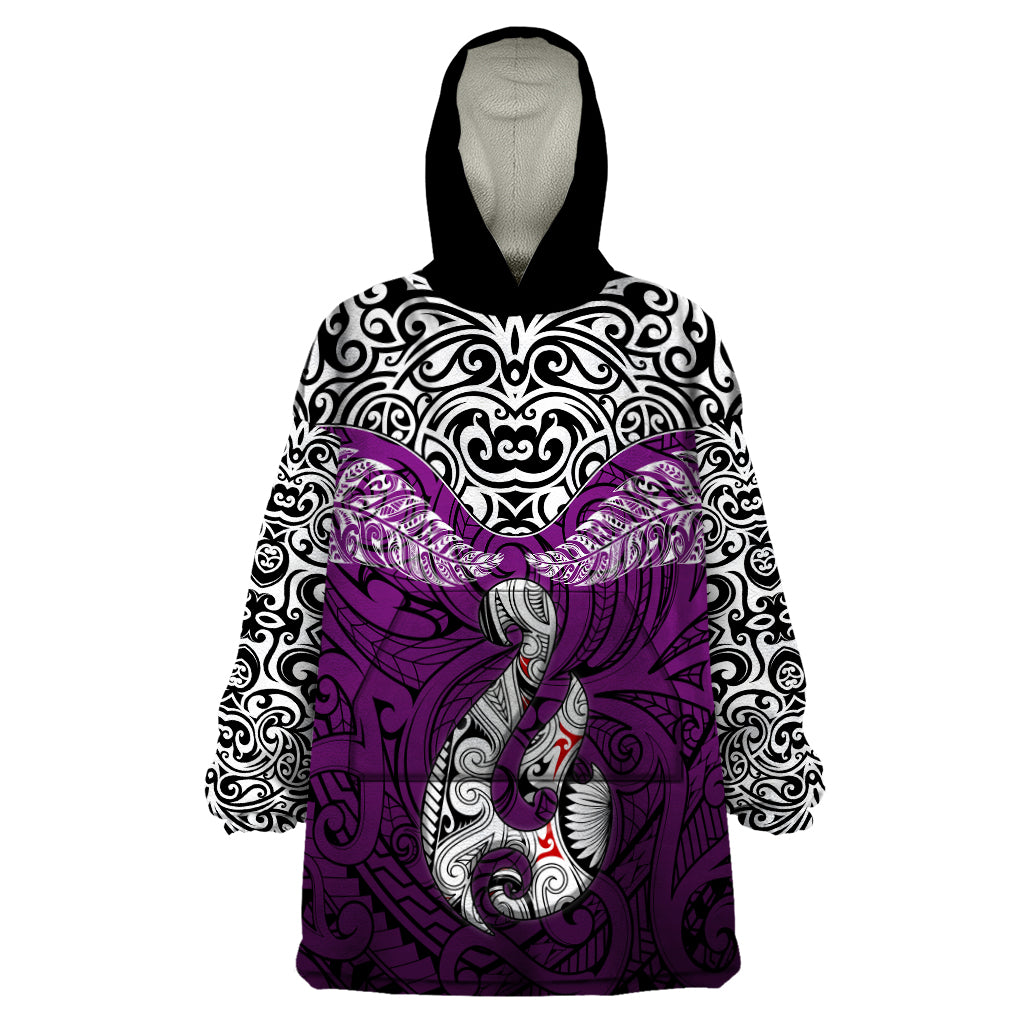 Aotearoa New Zealand Wearable Blanket Hoodie Silver Fern and Matau with Maori Tribal Pink Style LT03 One Size Pink - Polynesian Pride