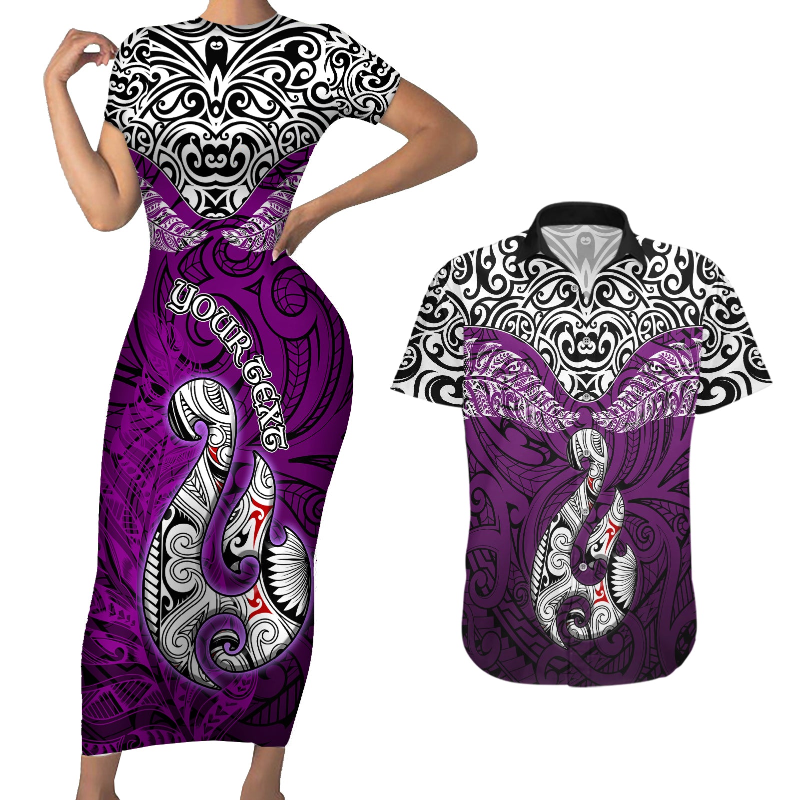 Custom Aotearoa New Zealand Couples Matching Short Sleeve Bodycon Dress and Hawaiian Shirt Silver Fern and Matau with Maori Tribal Pink Style LT03 Pink - Polynesian Pride