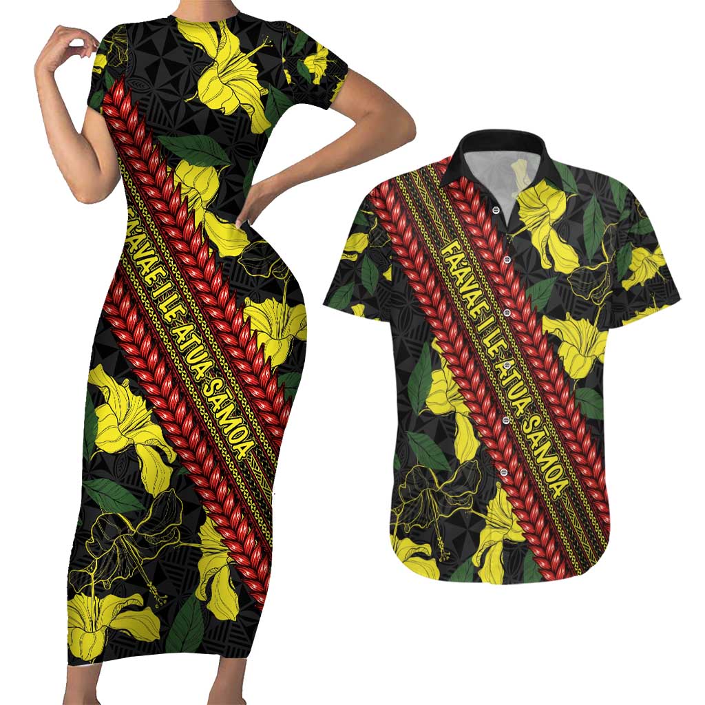 Samoan Culture Couples Matching Short Sleeve Bodycon Dress and Hawaiian Shirt Hibiscus and Ula Fala with Tapa Pattern Black Color