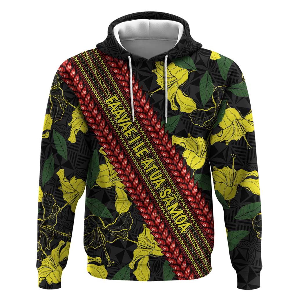 Samoan Culture Hoodie Hibiscus and Ula Fala with Tapa Pattern Black Color