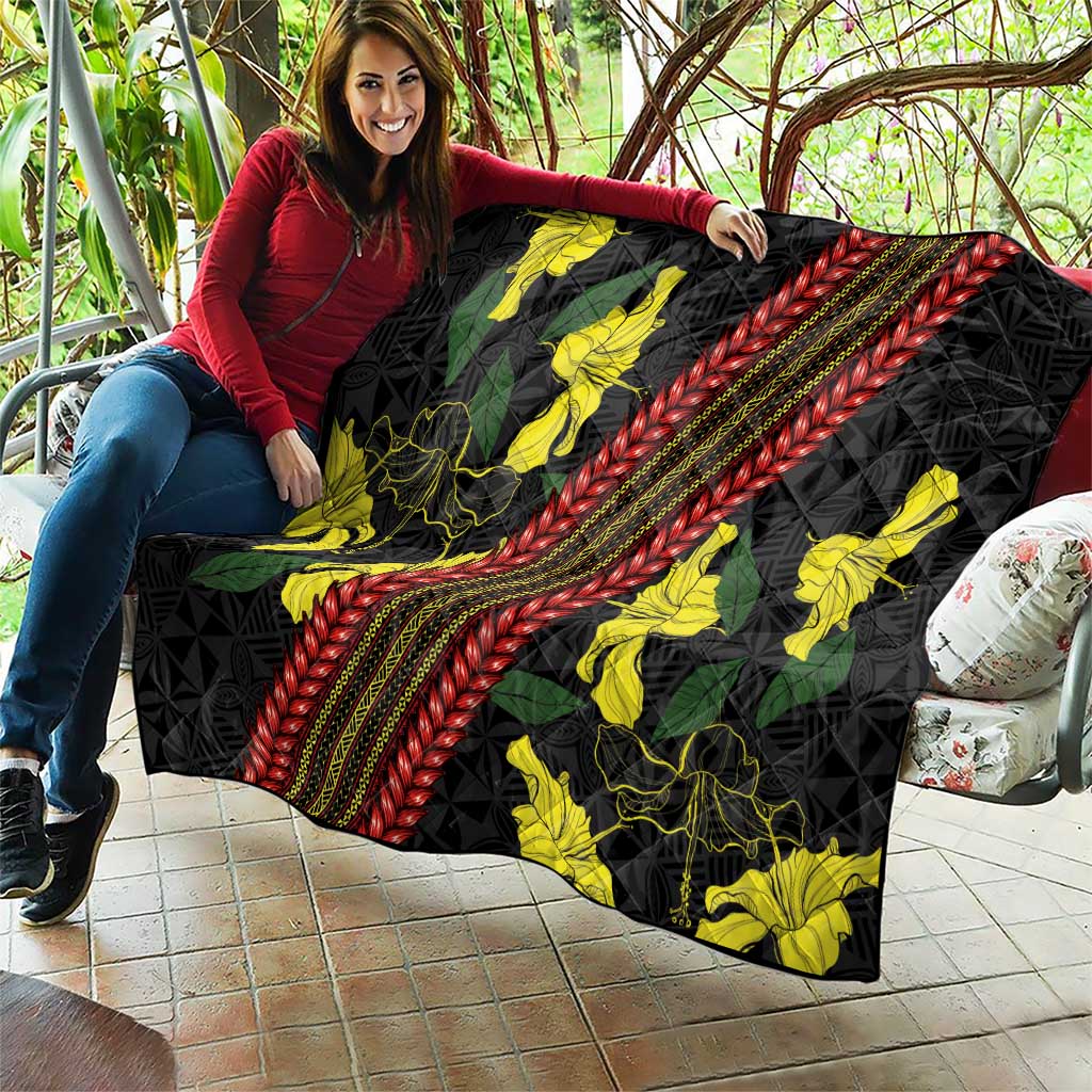 Samoan Culture Quilt Hibiscus and Ula Fala with Tapa Pattern Black Color