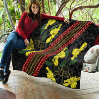 Samoan Culture Quilt Hibiscus and Ula Fala with Tapa Pattern Black Color