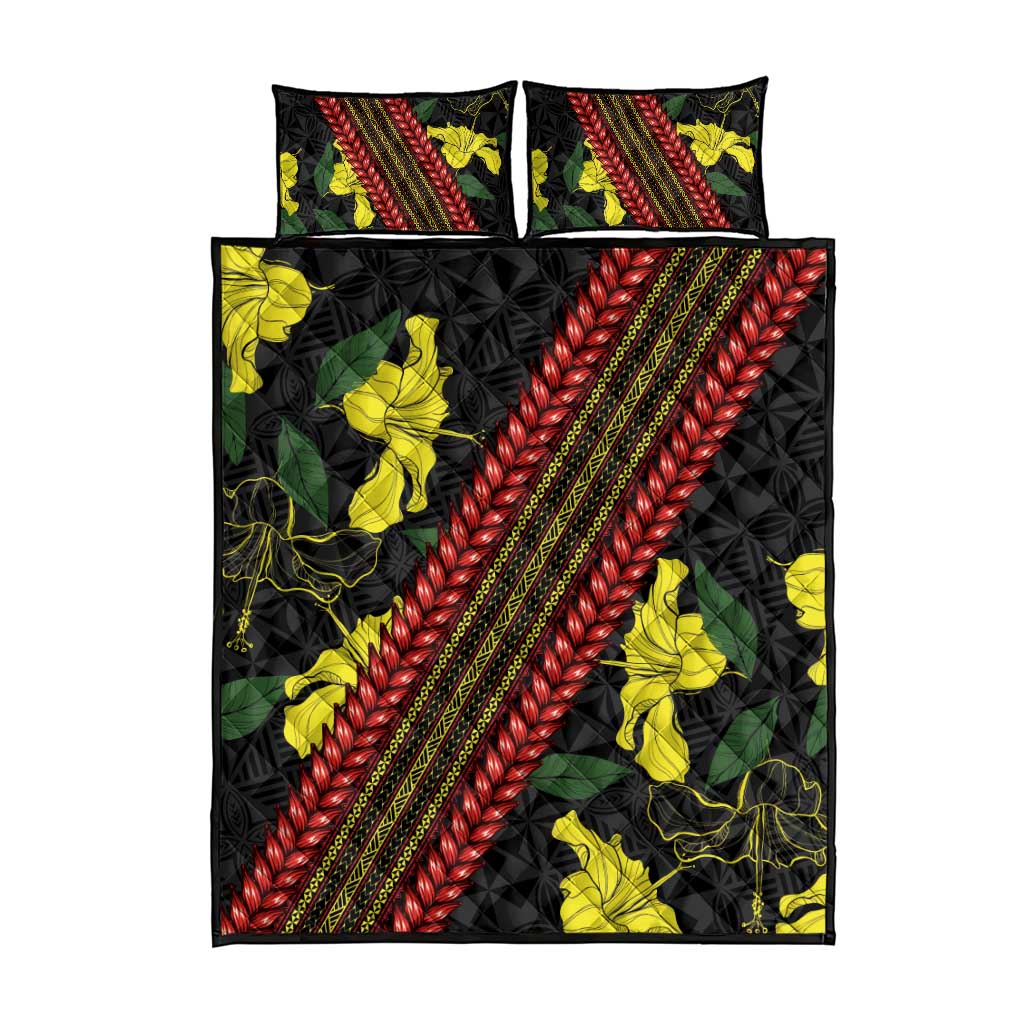 Samoan Culture Quilt Bed Set Hibiscus and Ula Fala with Tapa Pattern Black Color