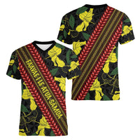 Samoan Culture Women V-Neck T-Shirt Hibiscus and Ula Fala with Tapa Pattern Black Color