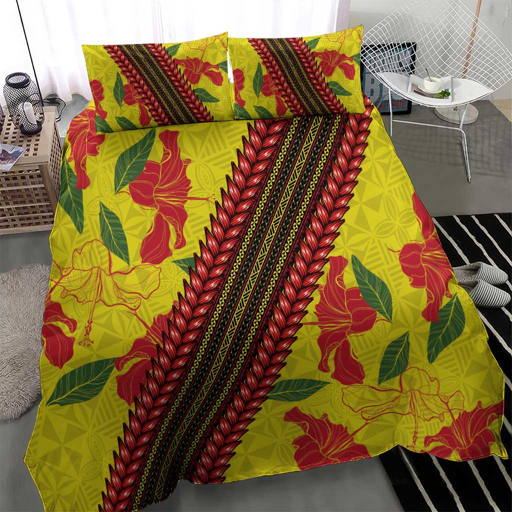 Samoan Culture Bedding Set Hibiscus and Ula Fala with Tapa Pattern Yellow Color