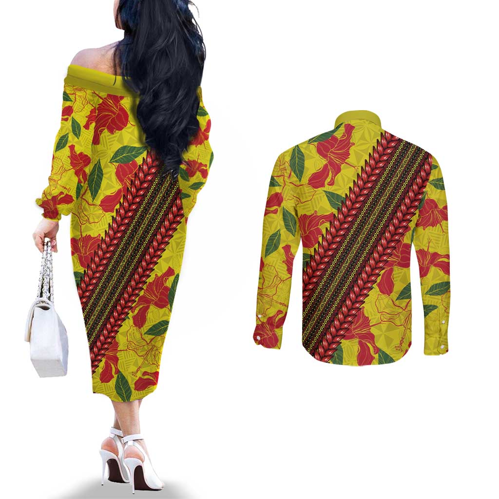 Samoan Culture Couples Matching Off The Shoulder Long Sleeve Dress and Long Sleeve Button Shirt Hibiscus and Ula Fala with Tapa Pattern YellowColor