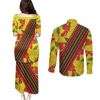Samoan Culture Couples Matching Puletasi and Long Sleeve Button Shirt Hibiscus and Ula Fala with Tapa Pattern YellowColor