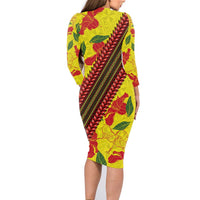 Samoan Culture Family Matching Long Sleeve Bodycon Dress and Hawaiian Shirt Hibiscus and Ula Fala with Tapa Pattern YellowColor