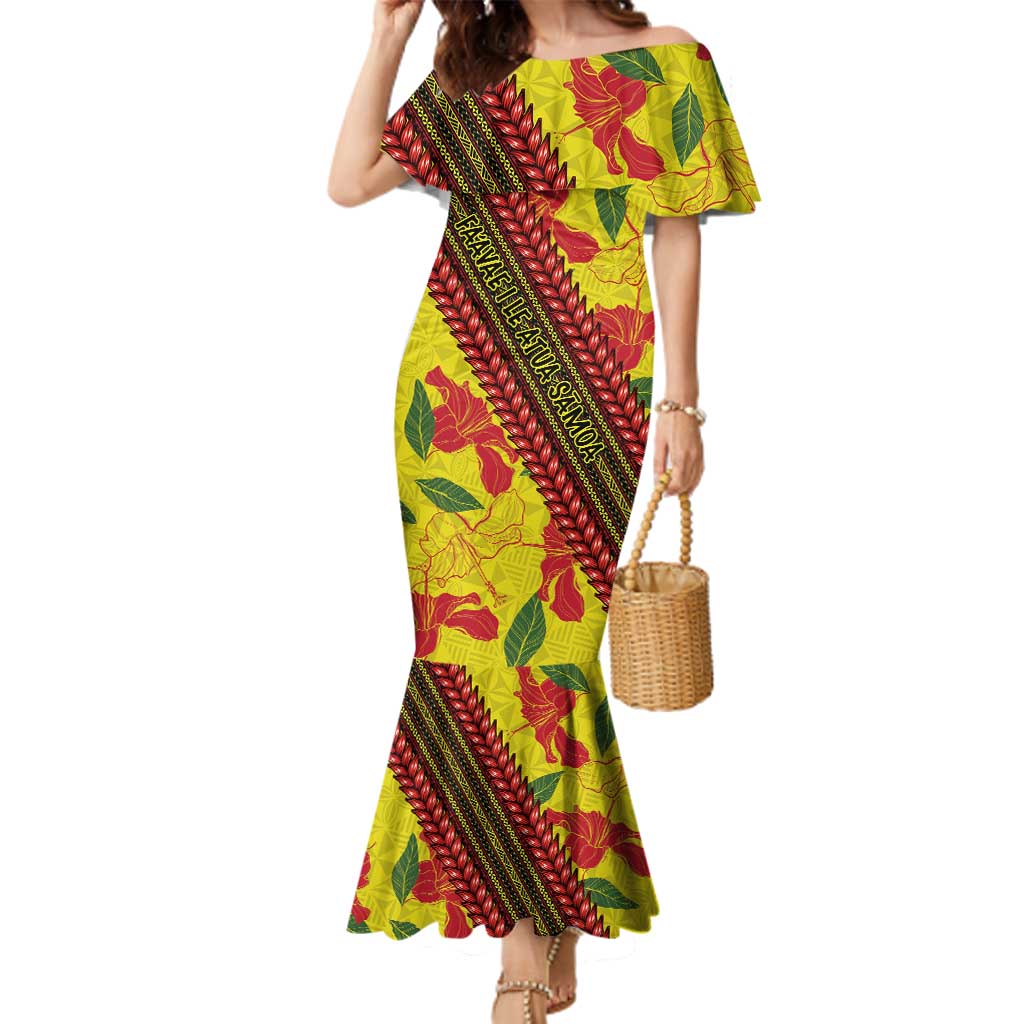 Samoan Culture Family Matching Mermaid Dress and Hawaiian Shirt Hibiscus and Ula Fala with Tapa Pattern YellowColor