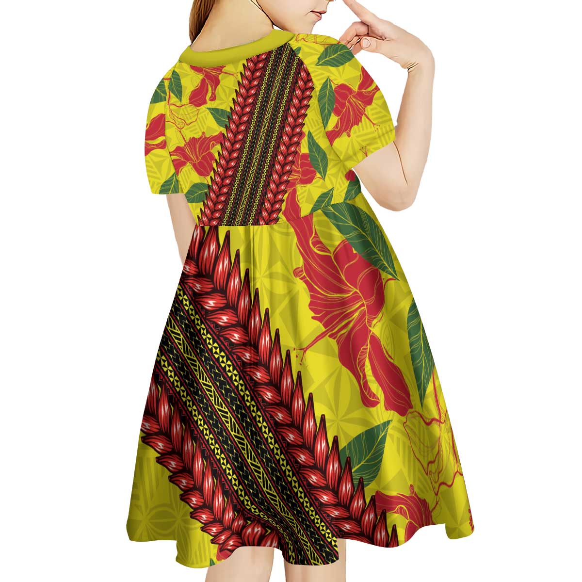 Samoan Culture Kid Short Sleeve Dress Hibiscus and Ula Fala with Tapa Pattern YellowColor