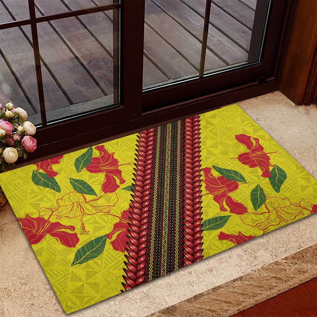 Samoan Culture Rubber Doormat Hibiscus and Ula Fala with Tapa Pattern Yellow Color