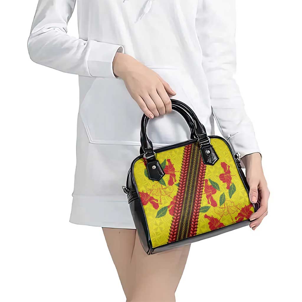 Samoan Culture Shoulder Handbag Hibiscus and Ula Fala with Tapa Pattern Yellow Color