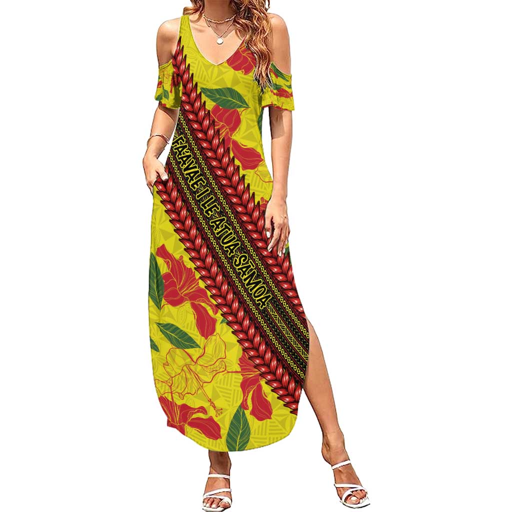 Samoan Culture Summer Maxi Dress Hibiscus and Ula Fala with Tapa Pattern YellowColor