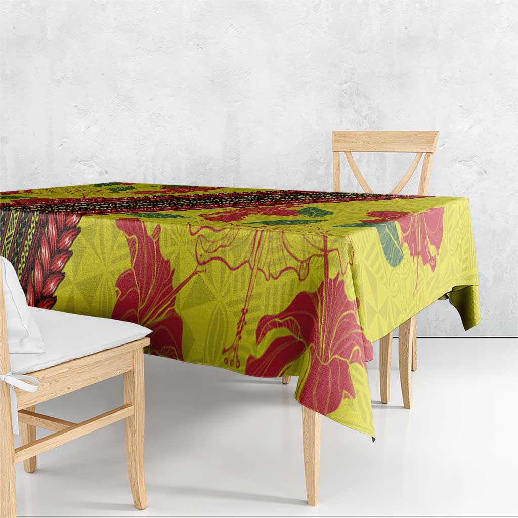 Samoan Culture Tablecloth Hibiscus and Ula Fala with Tapa Pattern Yellow Color