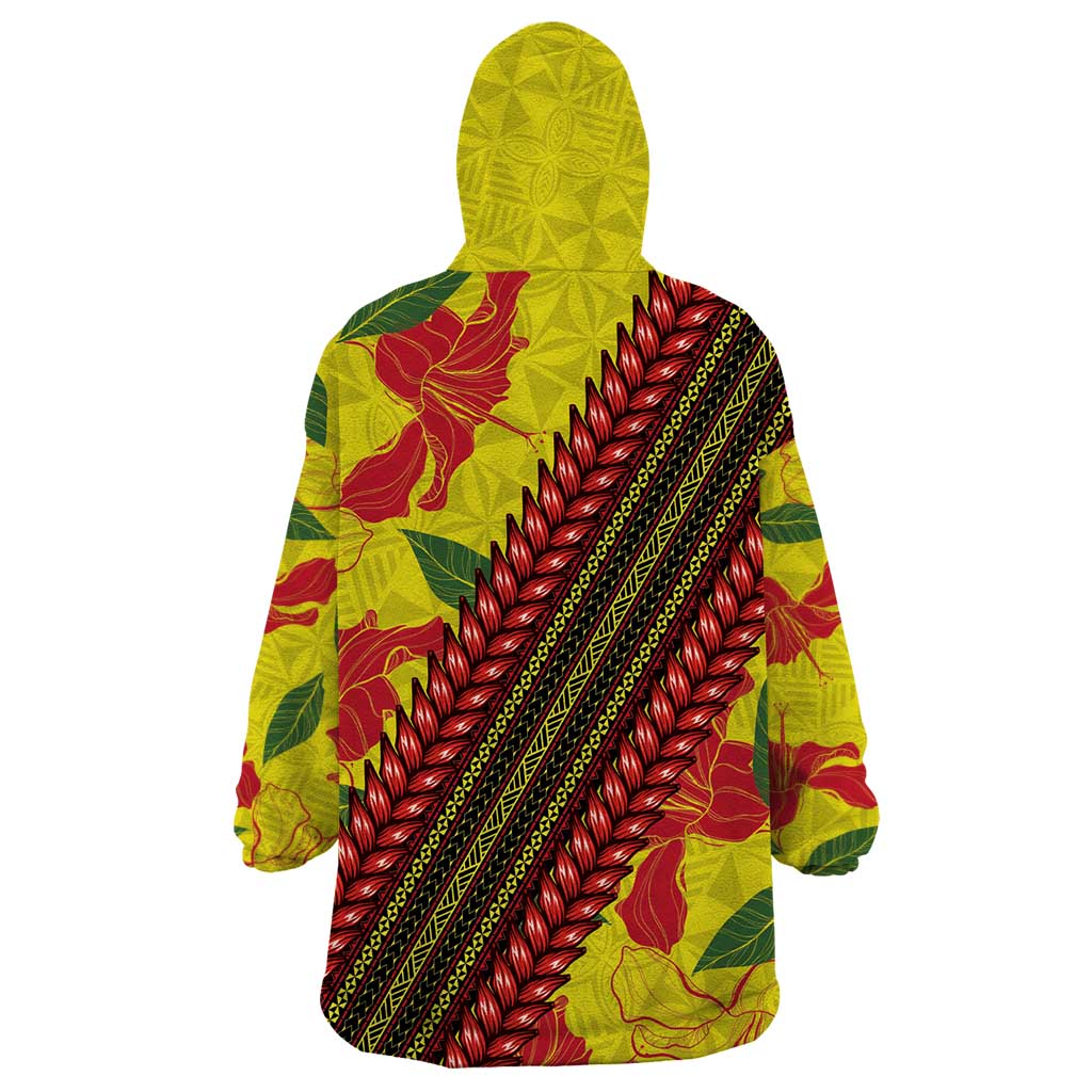 Samoan Culture Wearable Blanket Hoodie Hibiscus and Ula Fala with Tapa Pattern YellowColor