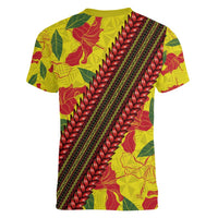 Samoan Culture Women V-Neck T-Shirt Hibiscus and Ula Fala with Tapa Pattern YellowColor