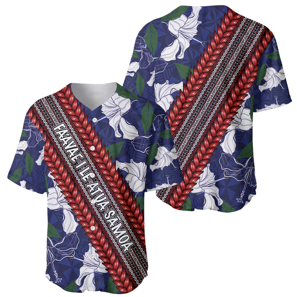 Samoan Culture Baseball Jersey Hibiscus and Ula Fala with Tapa Pattern Blue Color