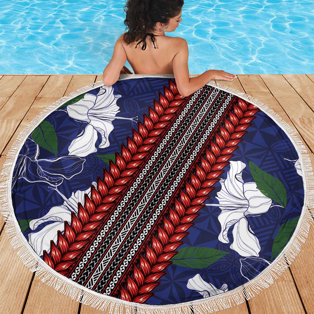 Samoan Culture Beach Blanket Hibiscus and Ula Fala with Tapa Pattern Blue Color