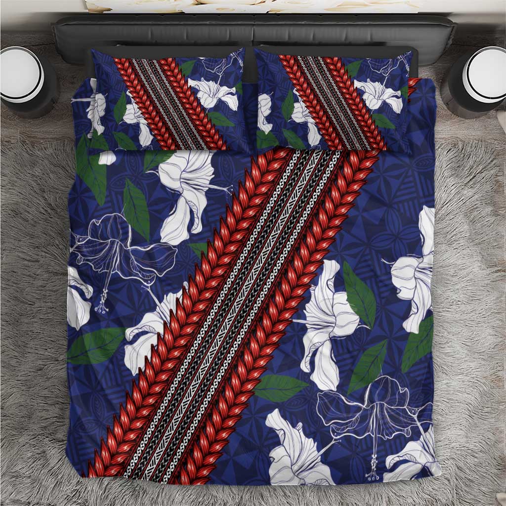 Samoan Culture Bedding Set Hibiscus and Ula Fala with Tapa Pattern Blue Color