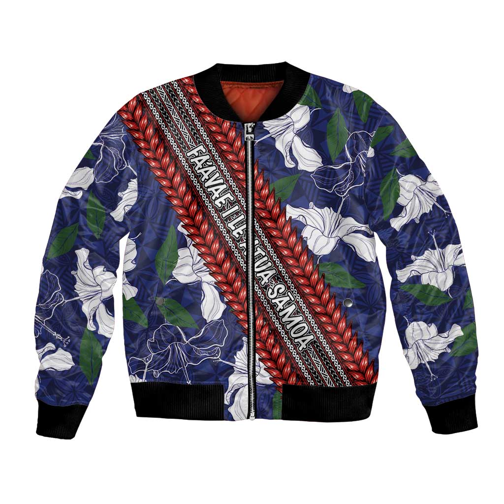 Samoan Culture Bomber Jacket Hibiscus and Ula Fala with Tapa Pattern Blue Color