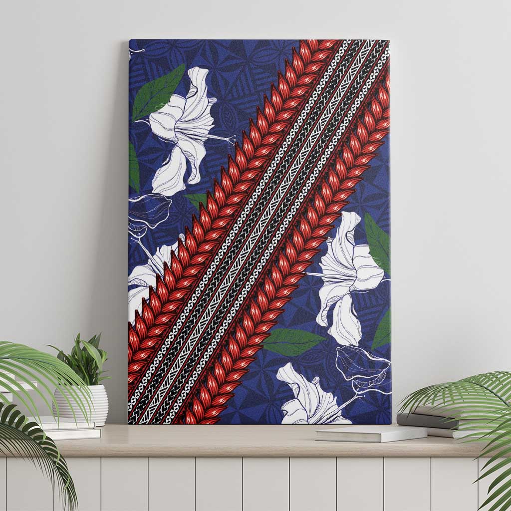 Samoan Culture Canvas Wall Art Hibiscus and Ula Fala with Tapa Pattern Blue Color