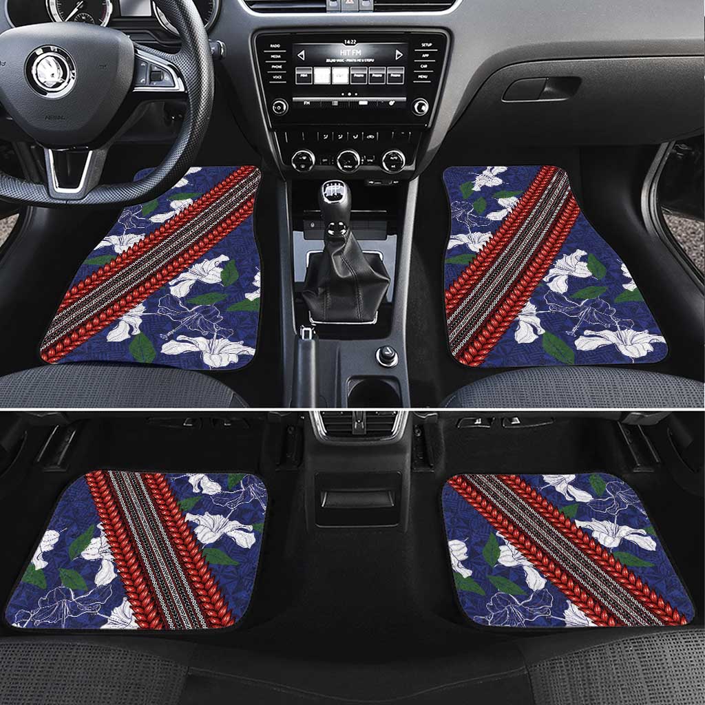 Samoan Culture Car Mats Hibiscus and Ula Fala with Tapa Pattern Blue Color