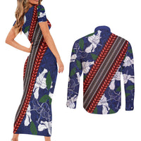 Samoan Culture Couples Matching Short Sleeve Bodycon Dress and Long Sleeve Button Shirt Hibiscus and Ula Fala with Tapa Pattern Blue Color