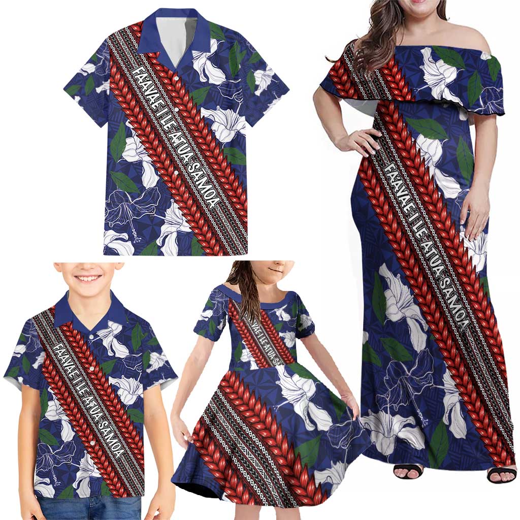 Samoan Culture Family Matching Off Shoulder Maxi Dress and Hawaiian Shirt Hibiscus and Ula Fala with Tapa Pattern Blue Color