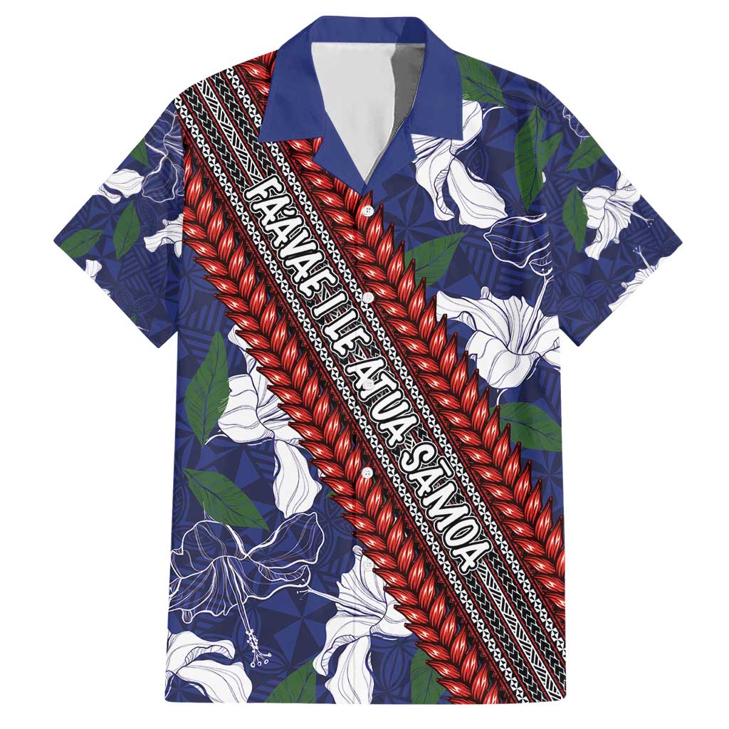 Samoan Culture Hawaiian Shirt Hibiscus and Ula Fala with Tapa Pattern Blue Color