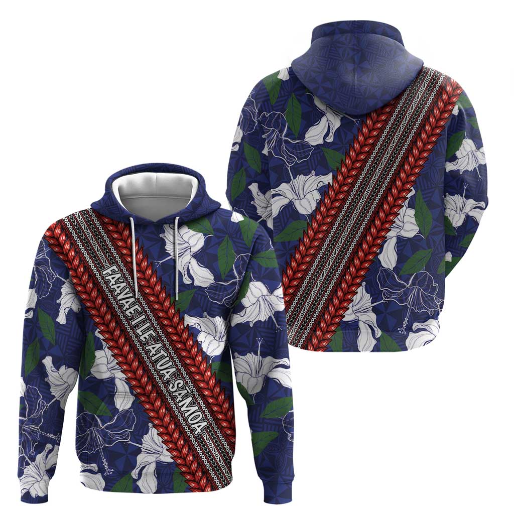 Samoan Culture Hoodie Hibiscus and Ula Fala with Tapa Pattern Blue Color