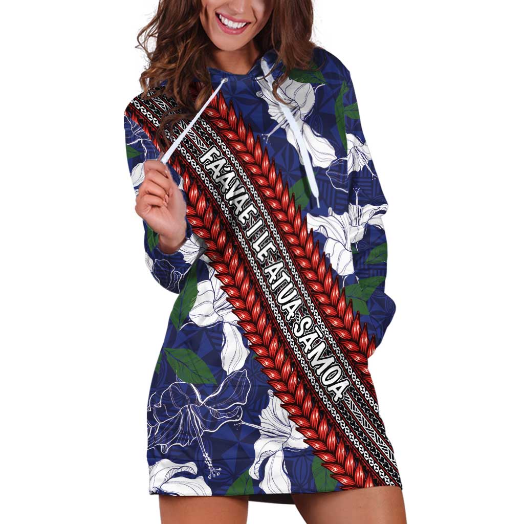 Samoan Culture Hoodie Dress Hibiscus and Ula Fala with Tapa Pattern Blue Color