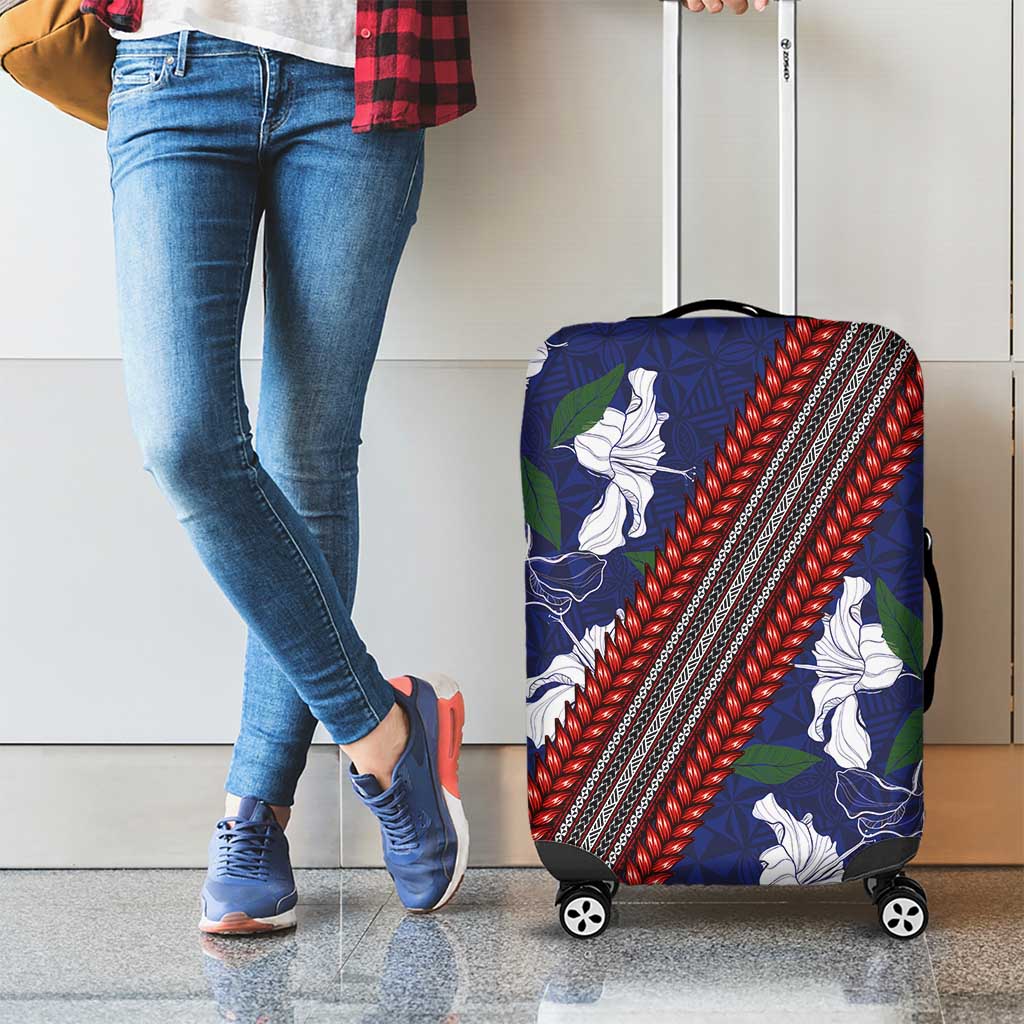 Samoan Culture Luggage Cover Hibiscus and Ula Fala with Tapa Pattern Blue Color