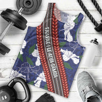Samoan Culture Men Tank Top Hibiscus and Ula Fala with Tapa Pattern Blue Color