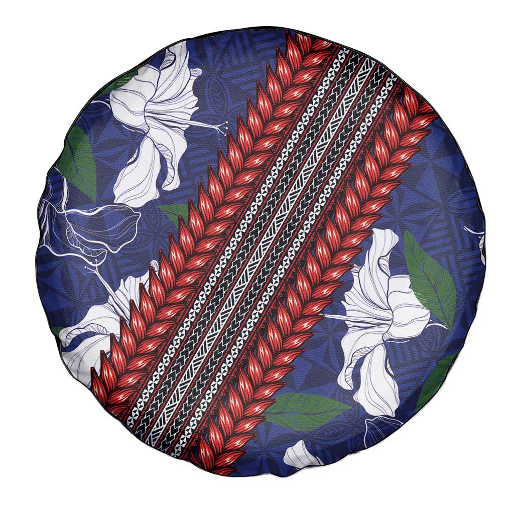 Samoan Culture Spare Tire Cover Hibiscus and Ula Fala with Tapa Pattern Blue Color