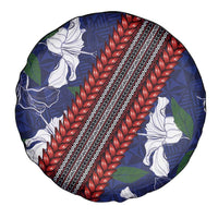 Samoan Culture Spare Tire Cover Hibiscus and Ula Fala with Tapa Pattern Blue Color